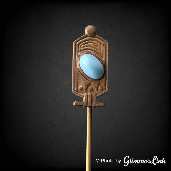 Antique Egyptian Style Slanted Oval Blue Stone Gold Tone Stick Pin - Picture 7 of 12